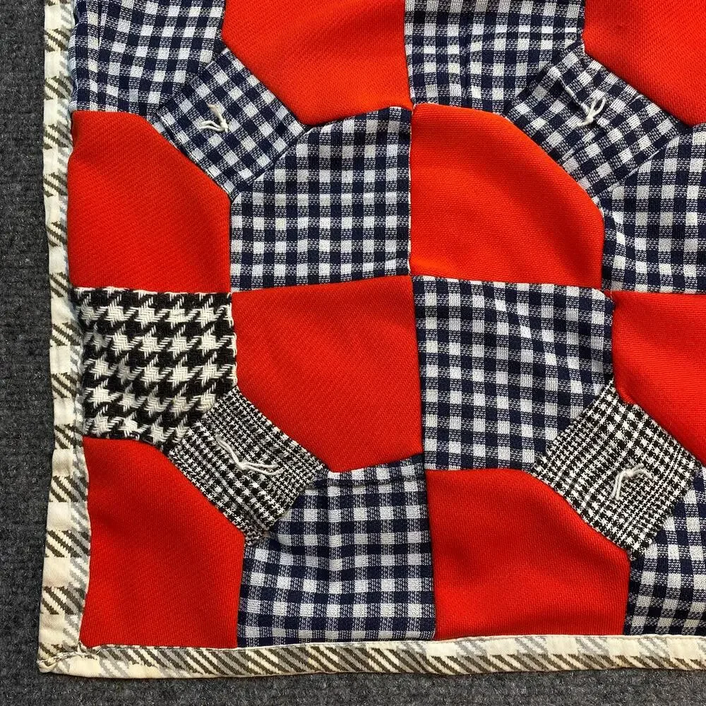 Vintage Handmade Red and Gingham Bowtie Pattern Quilt Lap Blanket 39.5